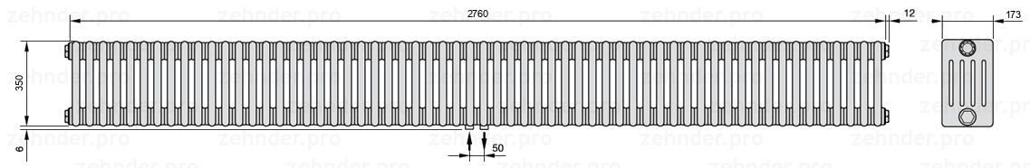 Схема (чертеж) Радиатор Zehnder Charleston 5035/60 №3470 Белый глянцевый RAL 9016